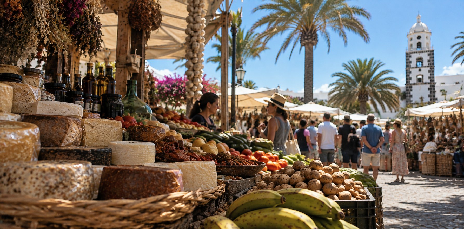 Mercado tradicional en Teguise con quesos, gofio y productos locales de Lanzarote