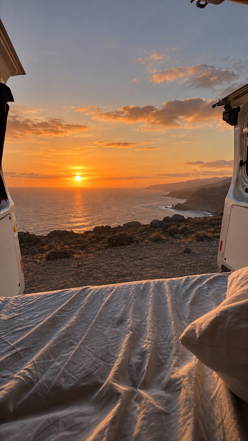 Atardecer visto desde el interior de la furgoneta camper con las puertas abiertas
